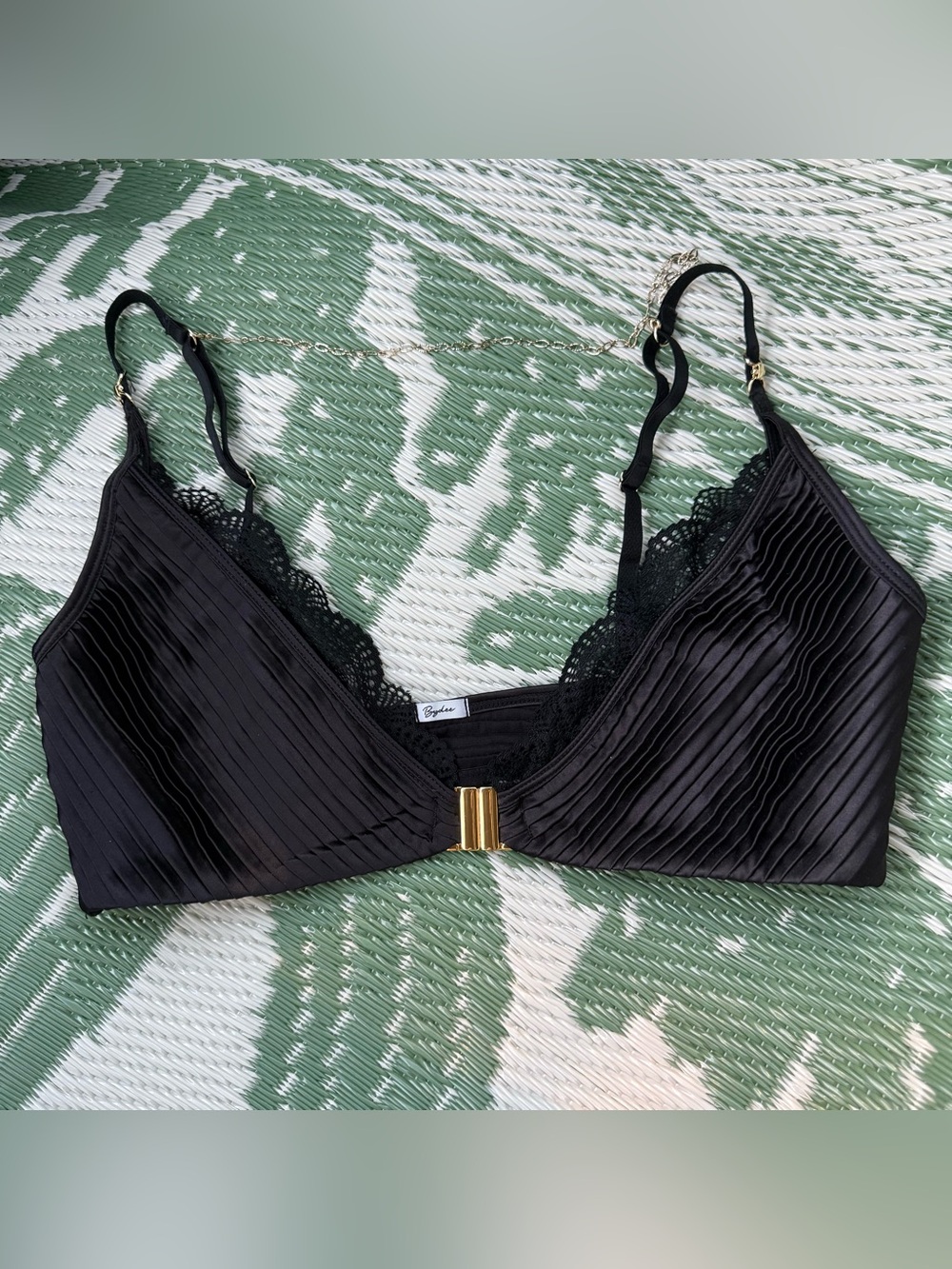 Bydee Black Lace-Trim Pleated Bikini top with Gold Clasp and Chain Sz M